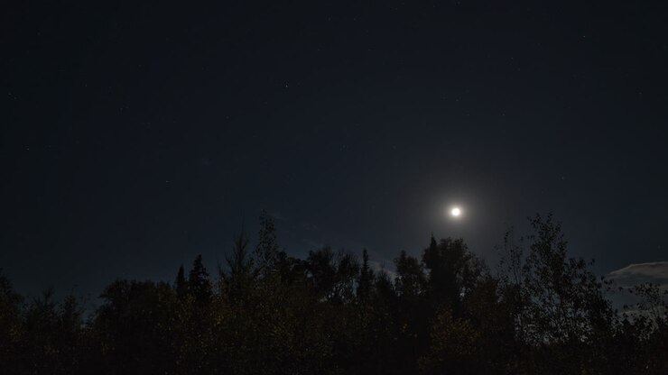Timelapse del cielo notturno con la luna e le nuvole in movimento in 4K sopra Mauricie, Quebec, Canada. Stelle e chiaro di luna creano un'atmosfera serena e cinematografica