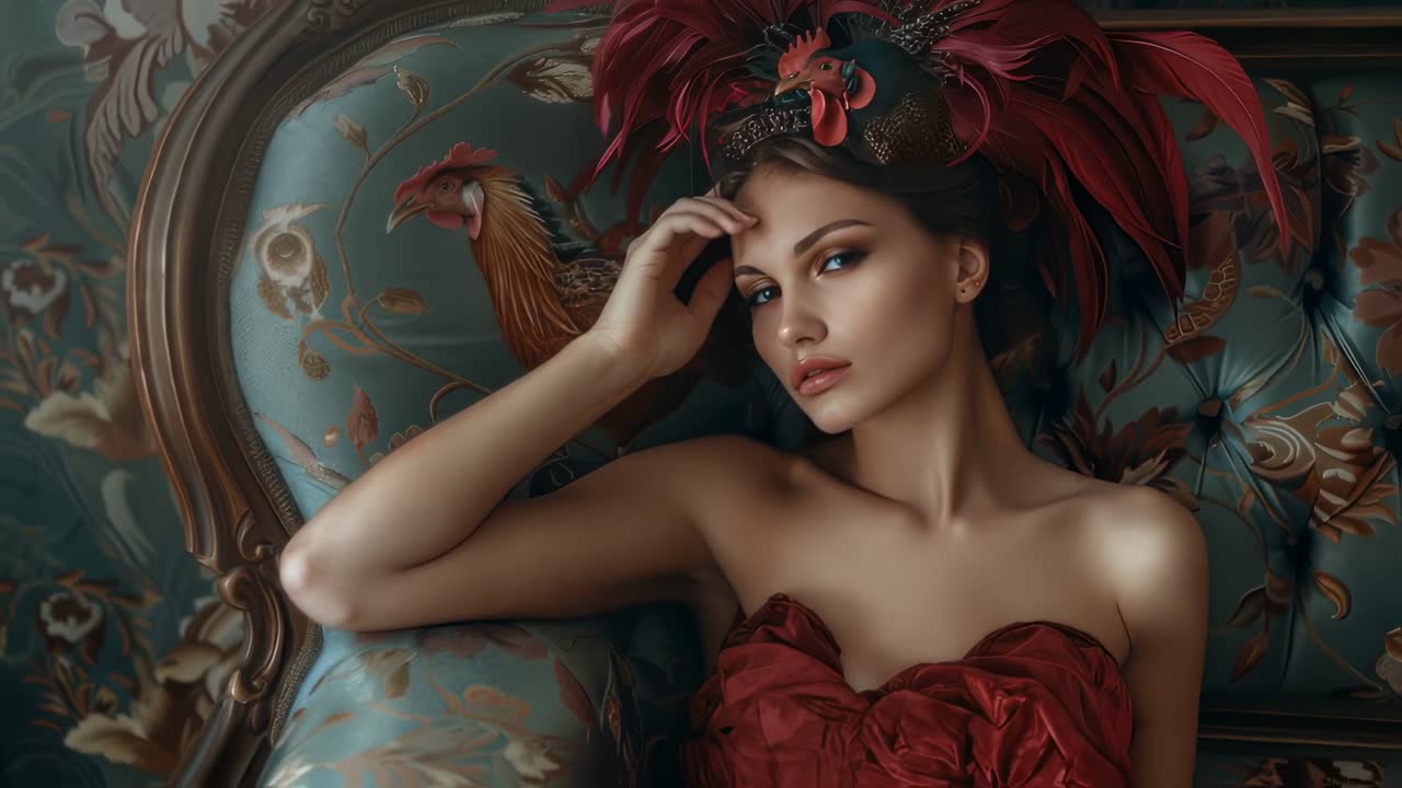 Fashion model wearing an elaborate red feather headdress with small decorative birds, posing on a vintage sofa with a floral pattern and wooden frame