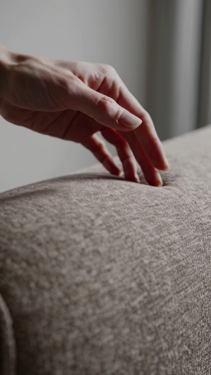 Close-up video of a hand gently touching a textured fabric surface, shot from a side angle