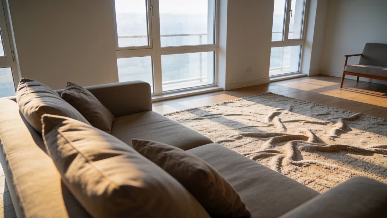 Carrellata all'indietro della telecamera che rivela un divano beige nel soggiorno di un appartamento, mostrando un tappeto illuminato dal sole vicino alle finestre.