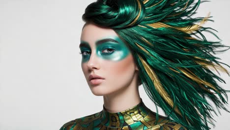 a striking portrait of a model with vibrant green hair and unique makeup, showcasing the fusion of fashion and artistry in a stunning visual display