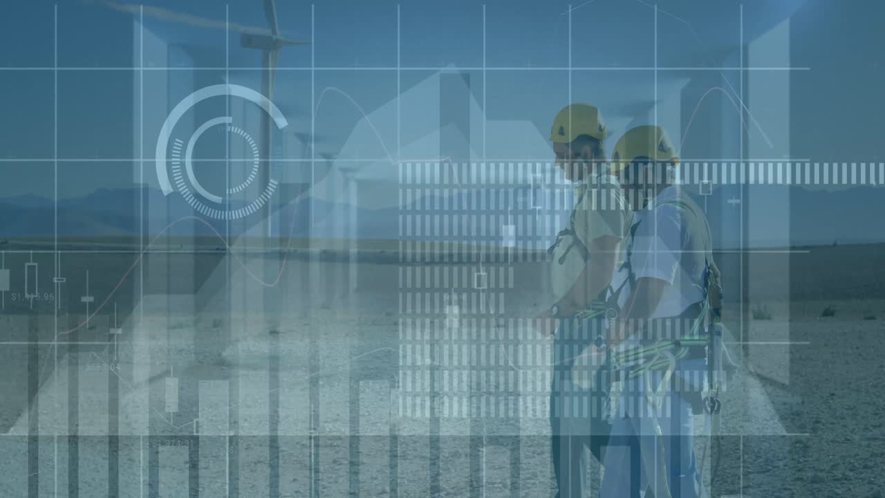 animación de datos financieros y gráficos sobre diversos ingenieros y turbinas eólicas