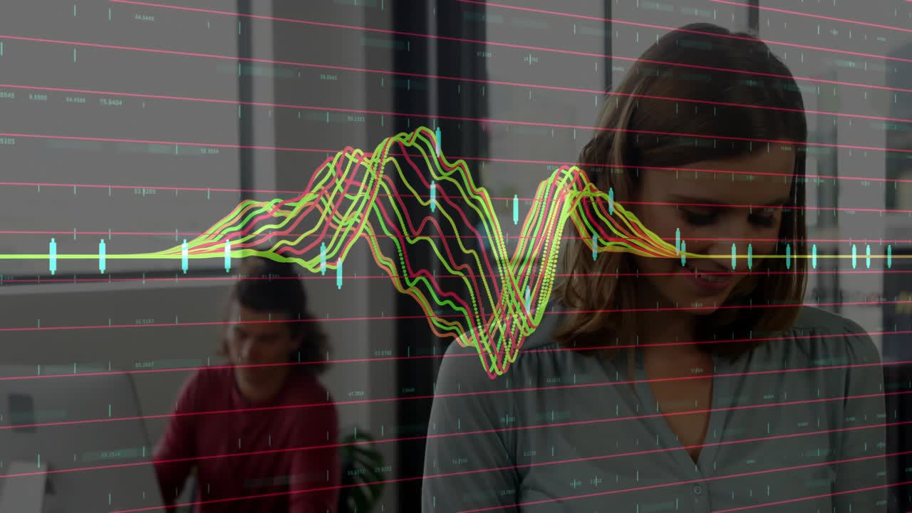 Flat waveform overlay appearing in office waves syncing with woman swiping tablet showing data