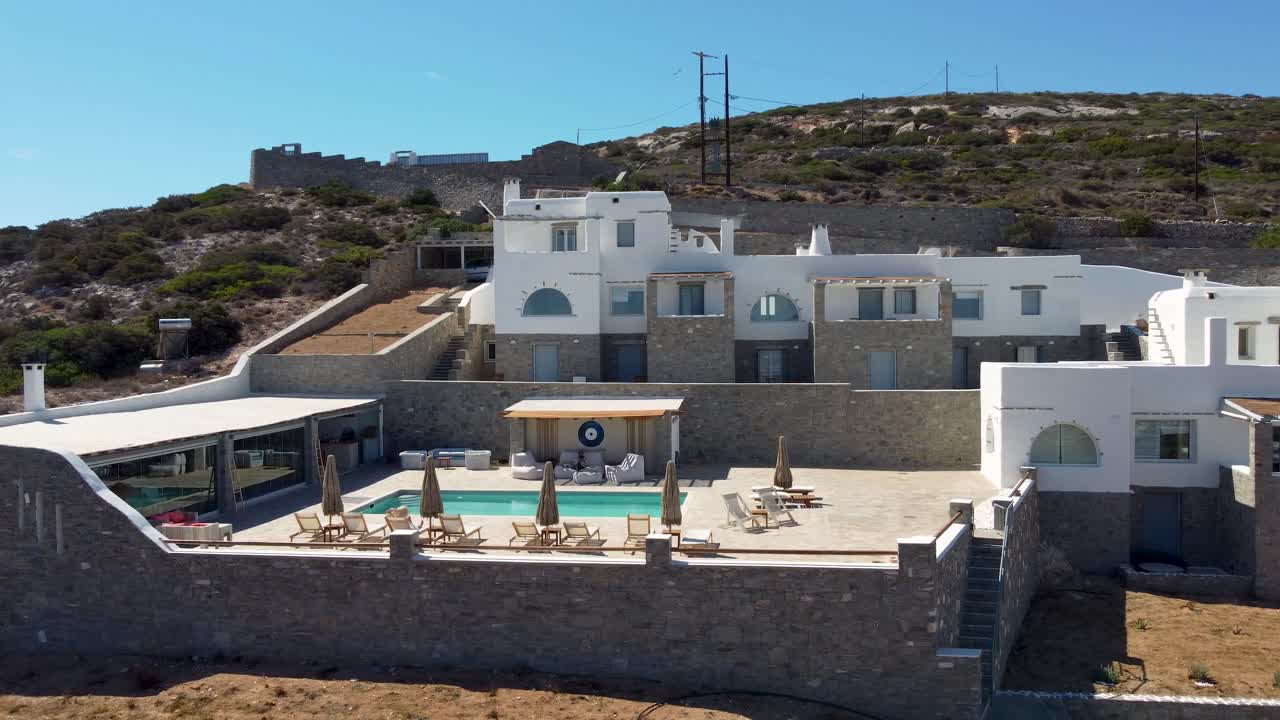 Aerial Orbit View of Greek Village Villa Mira Hotel Pool Terrace, Paros
