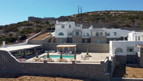 aerial orbit view of greek village villa mira hotel pool terrace, paros