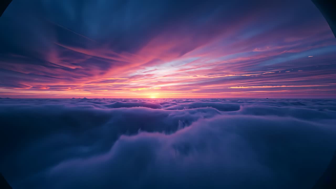 Rising sun brightening horizon while camera descending above cloud deck, revealing crepuscular rays