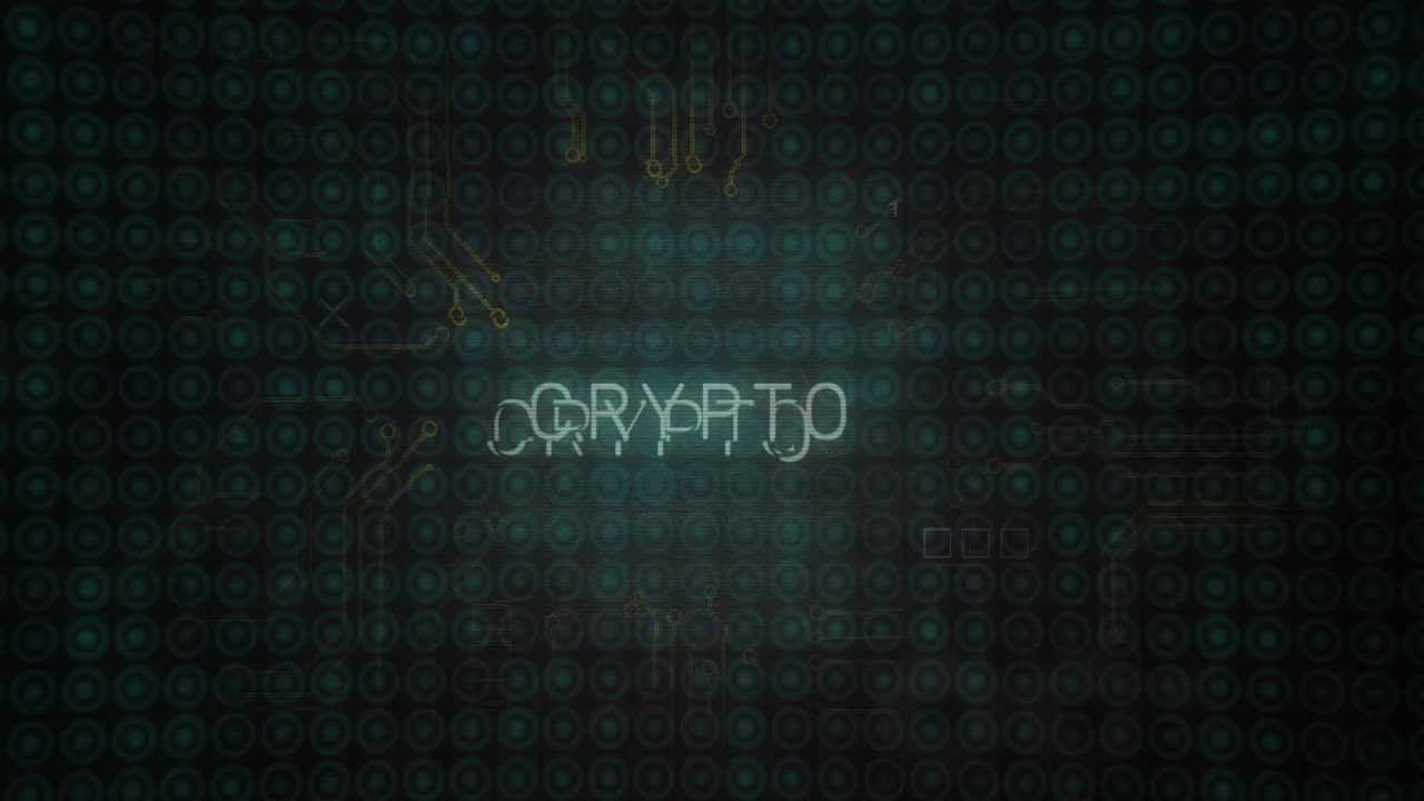 Animation of crypto text with computer circuit board on black background
