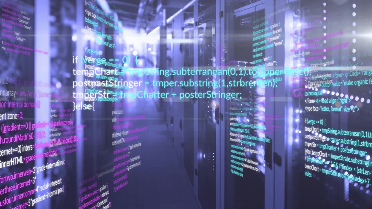 Camera moving through server corridor, revealing code streams scrolling, visualizing data flow