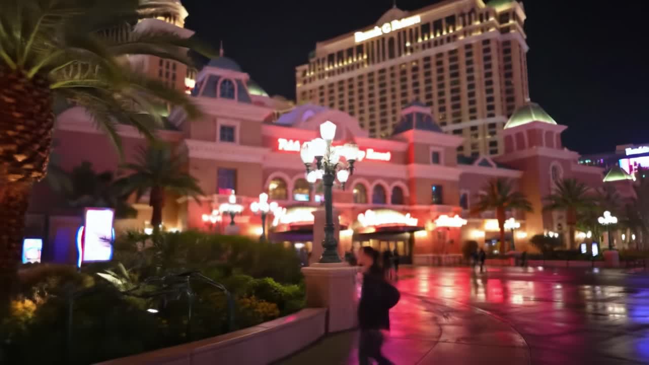 Las Vegas Hotel at Night with People Walking