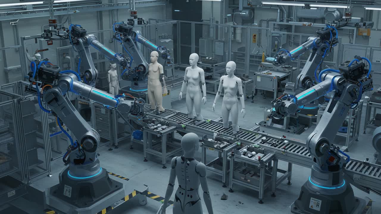 A Futuristic Robotics Assembly Line: Automated Arms Constructing Human-Like Figures in a High-Tech Manufacturing Environment