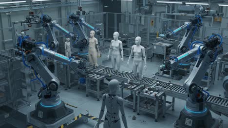 a futuristic robotics assembly line: automated arms constructing human-like figures in a high-tech manufacturing environment