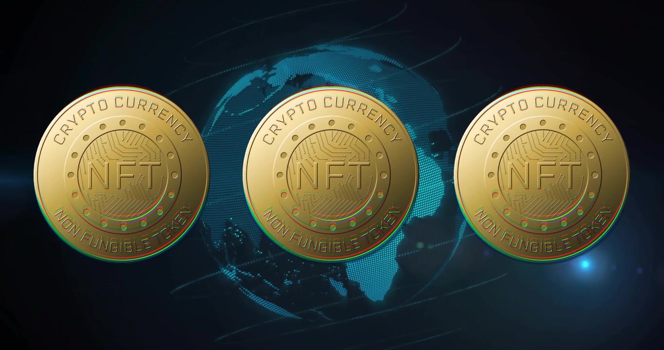 Carretel reproduzindo automaticamente, moedas NFT douradas girando, câmera panorâmica e globo brilhando, promovendo criptomoedas em 3D.