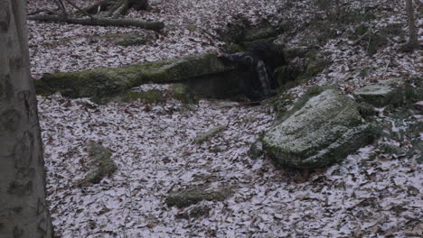 A-hiker-climbs-out-of-a-dark-cave-hidden-between-the-mosey-boulders-onto-the-leaf-covered-forest-floor-on-a-winter-day-with-a-light-dusting-of-snow