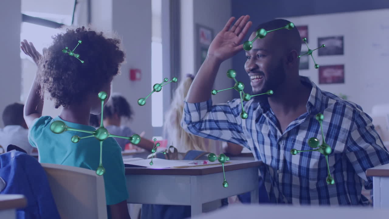 High-fiving student, teacher with green molecular structures animation in school