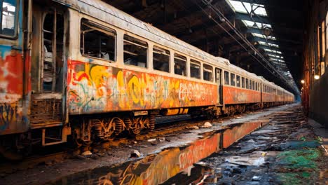 abandoned train covered in graffiti inside a dark warehouse at dusk