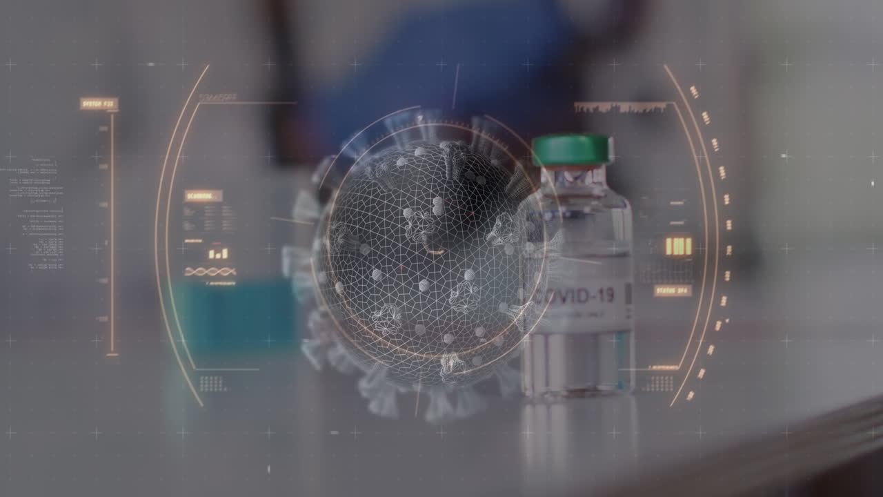 디지털 인터페이스 스캔 코로나19 세포 및 백신 병의 애니메이션