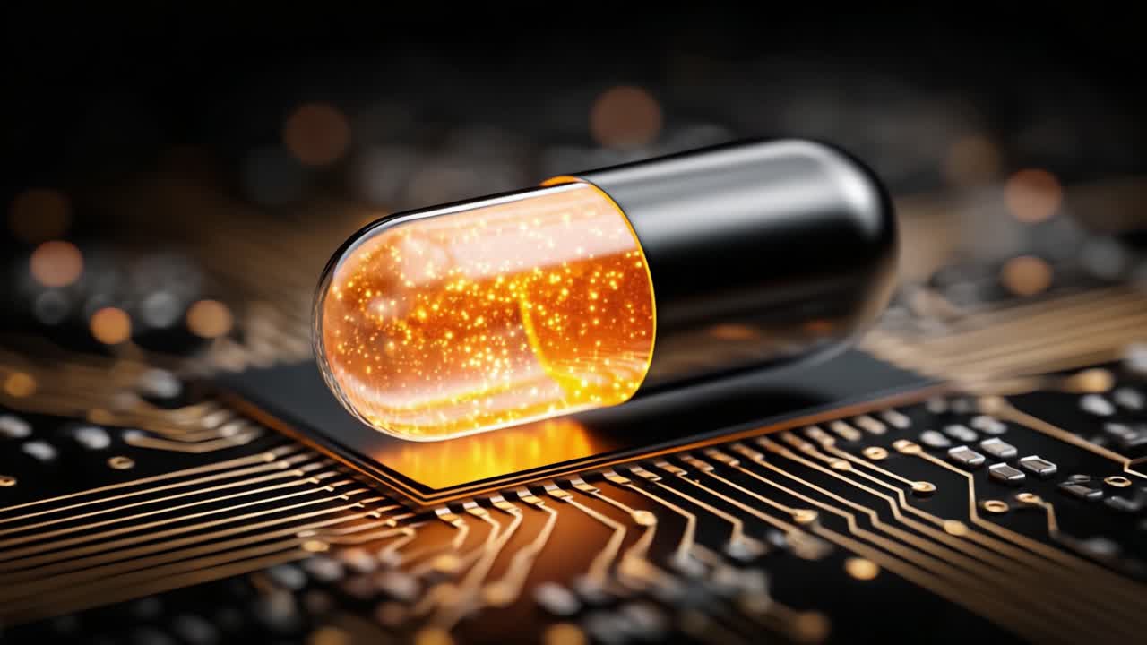 A Glimpse into the Fusion of Technology and Medicine: A Capsule with a Glowing Core Resting on a High-Tech Circuit Board Background