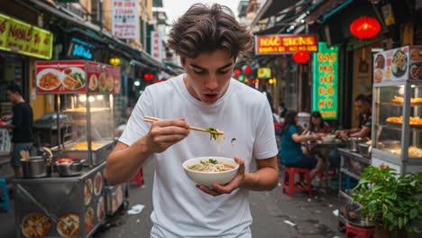 a food lover's delight: exploring street cuisine in a bustling market while enjoying a flavorful bowl of noodles with chopsticks in hand
