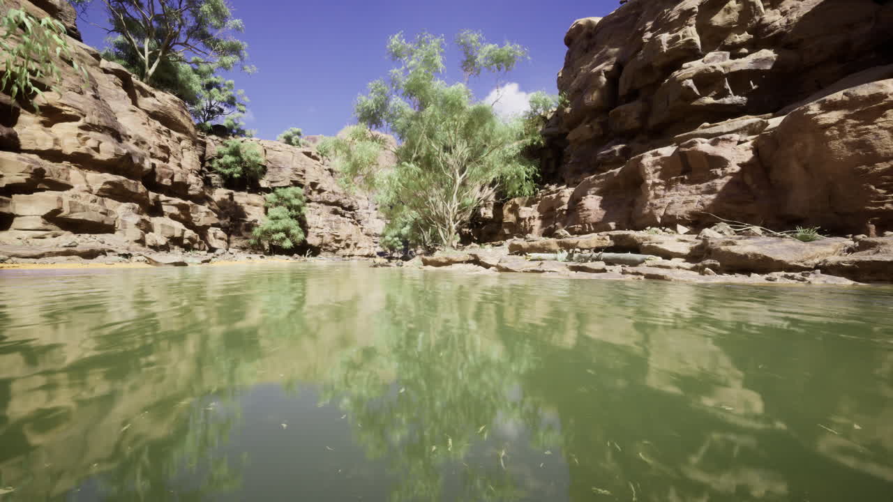 Scenic view of tranquil water reflecting cliffs and trees in a desert oasis