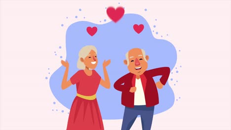old persons couple dancing with hearts animation characters