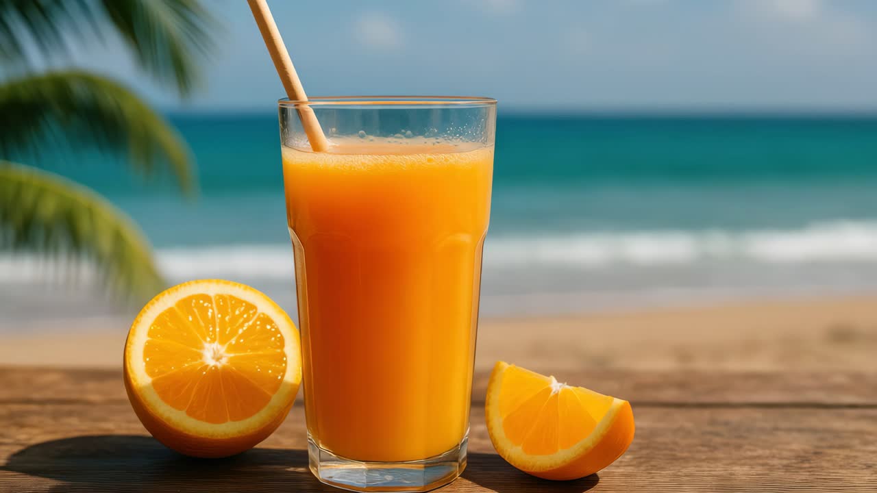 Oppfriskende appelsinjuice med skiver på et bord ved stranden