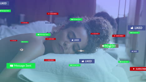 Social media notifications animation over woman relaxing on massage table