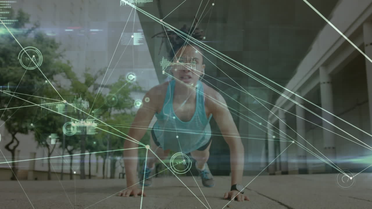 animación de la red de conexiones sobre mujeres que hacen ejercicio al aire libre