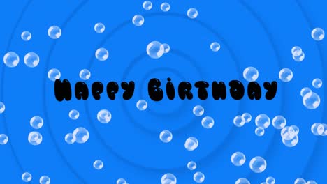 Animation-of-happy-birthday-text-with-bubbles-and-concentric-blue-circles