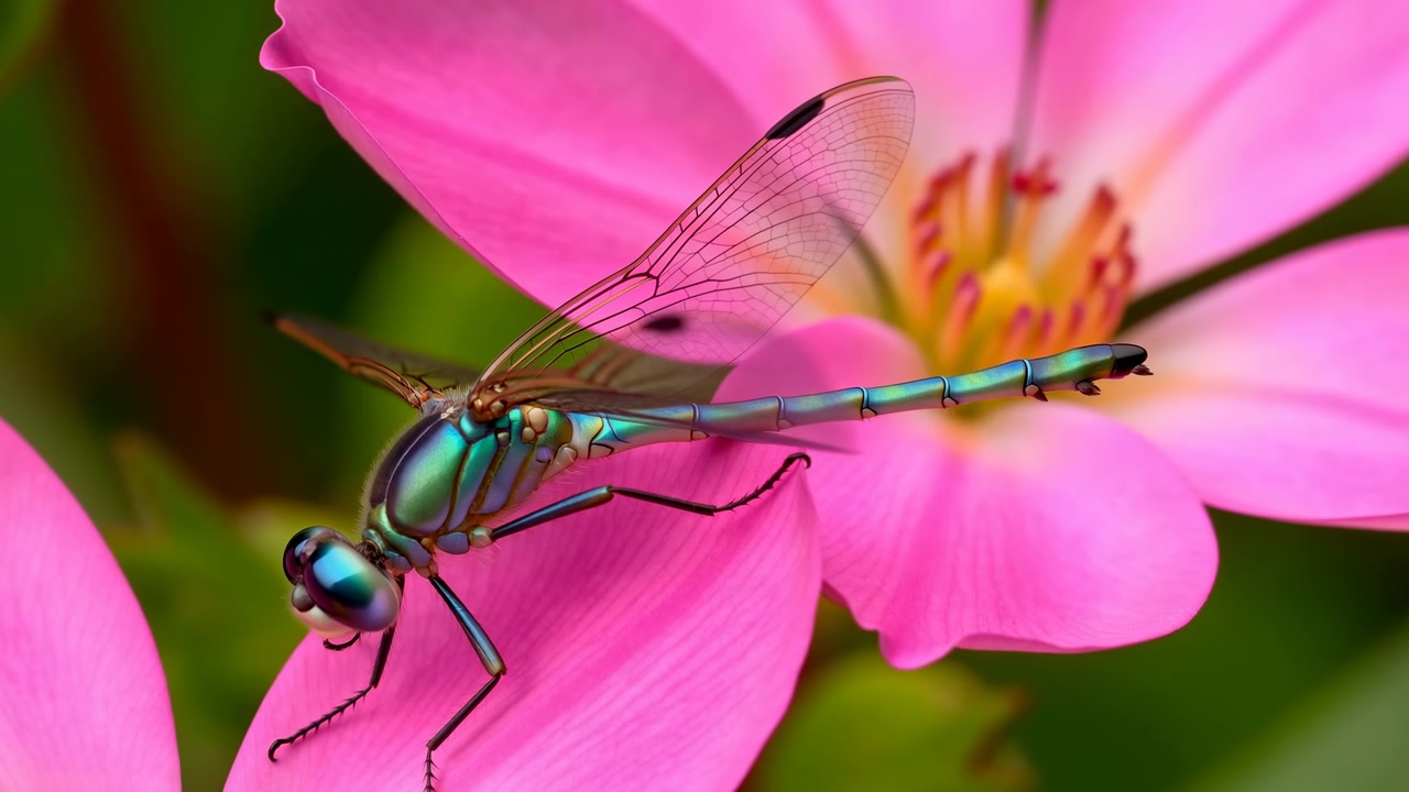 Primo piano di libellula su fiore rosa, libellula blu metallizzato posata su un petalo vibrante, con ali traslucide spiegate.