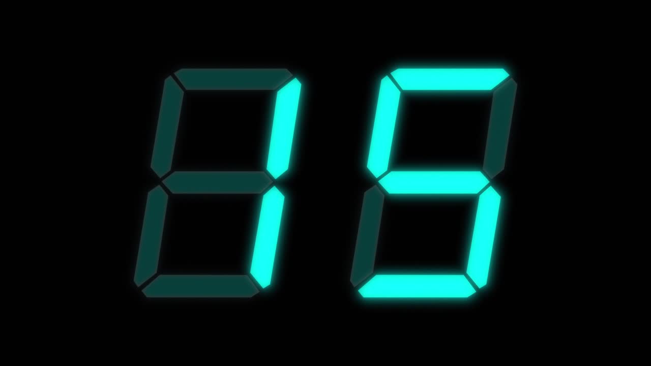 Cyan digital clockface with 2 digits. 30 seconds digital timer. Glowing Cyan digits on black background. Retro digital alarm clock animation element, digital clock on keyable background