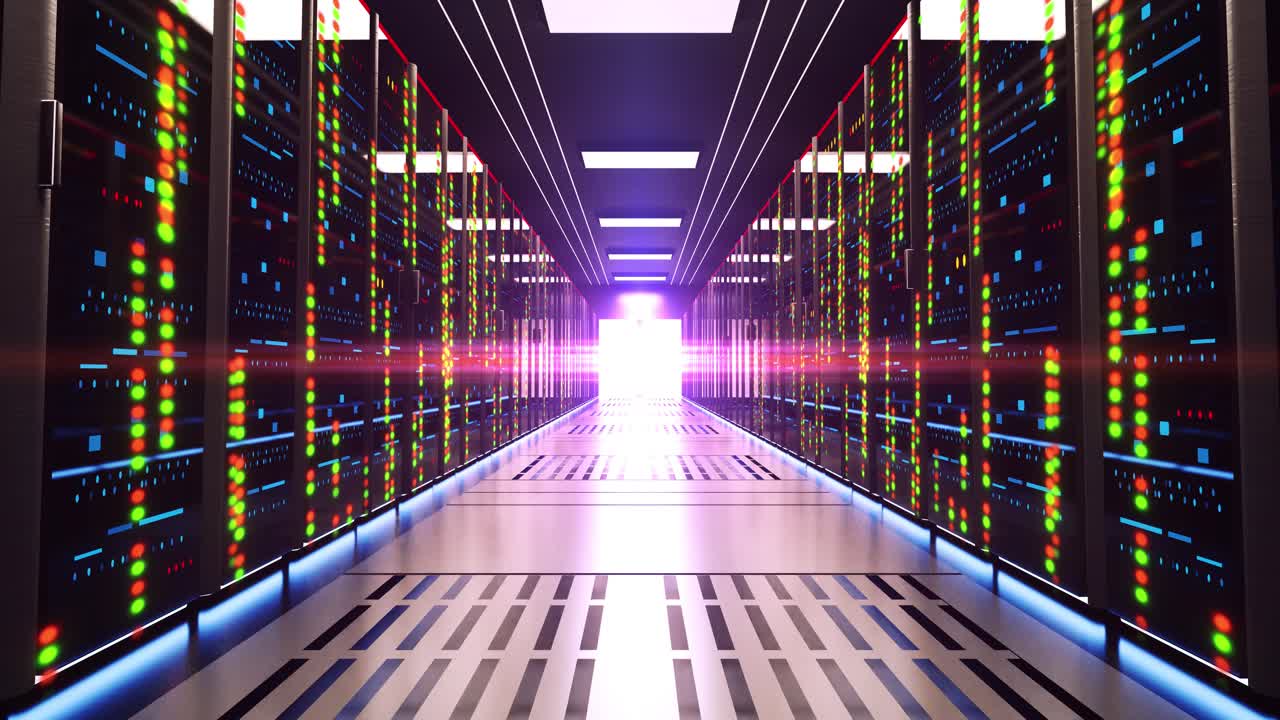 Digital information through fiber optic cables through the network loop background data servers room
