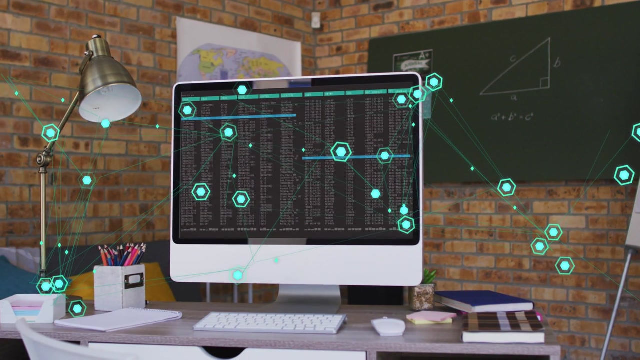 computer showing terminal data and starting teal nodes linking desk to chalkboard for data analysis