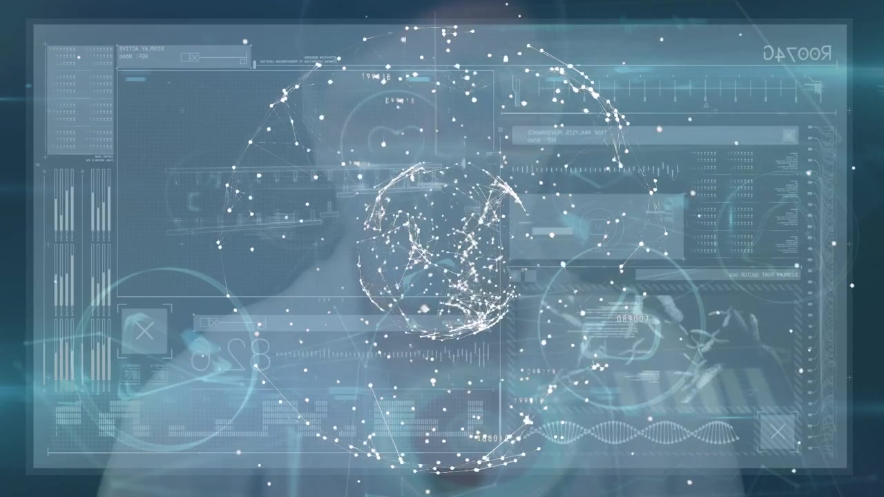 Animation of rotating sphere and data processing over woman using touchscreen