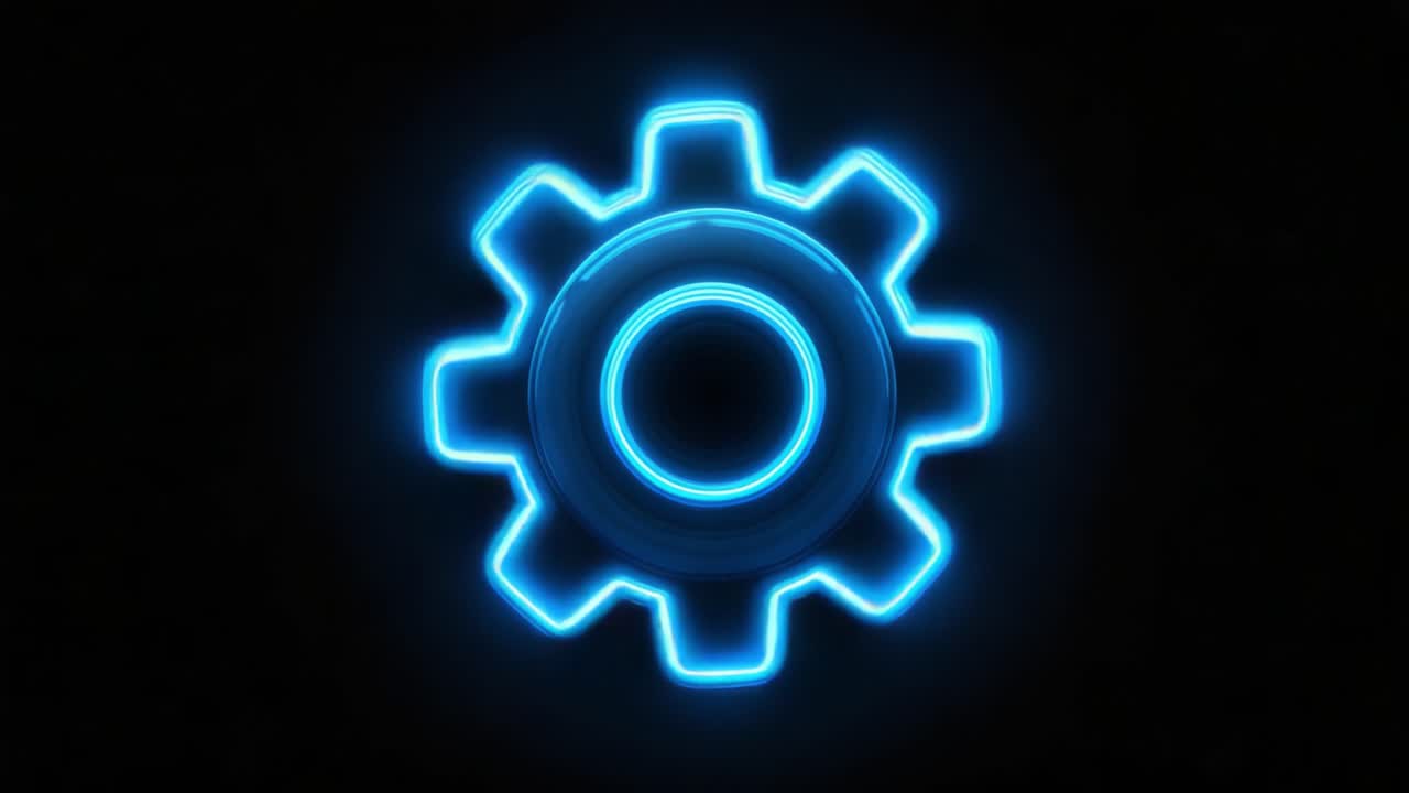 Una splendida icona di ingranaggio luminosa che mostra tecnologia e innovazione moderna, perfettamente progettata con effetti al neon su uno sfondo scuro per un'estetica futuristica.