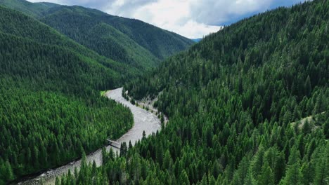 aerial panoramic view lush mountains and flowing river in lolo national park in missoula county, montana, united states