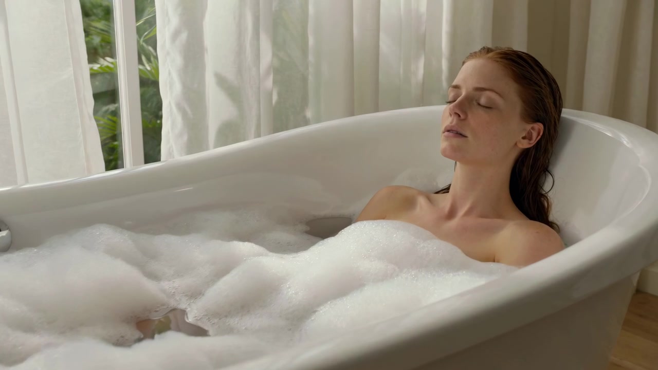 Giovane donna distesa in una vasca da bagno autoportante bianca lucida, con la testa reclinata all'indietro e gli occhi chiusi mentre una spessa schiuma bianca le copre il busto, i capelli bagnati tirati all'indietro e le spalle scoperte creano un'atmosfera da spa rilassante