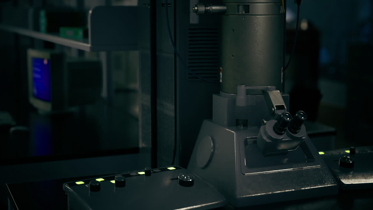 Technological apparatus in a dimly lit research facility during evening hours