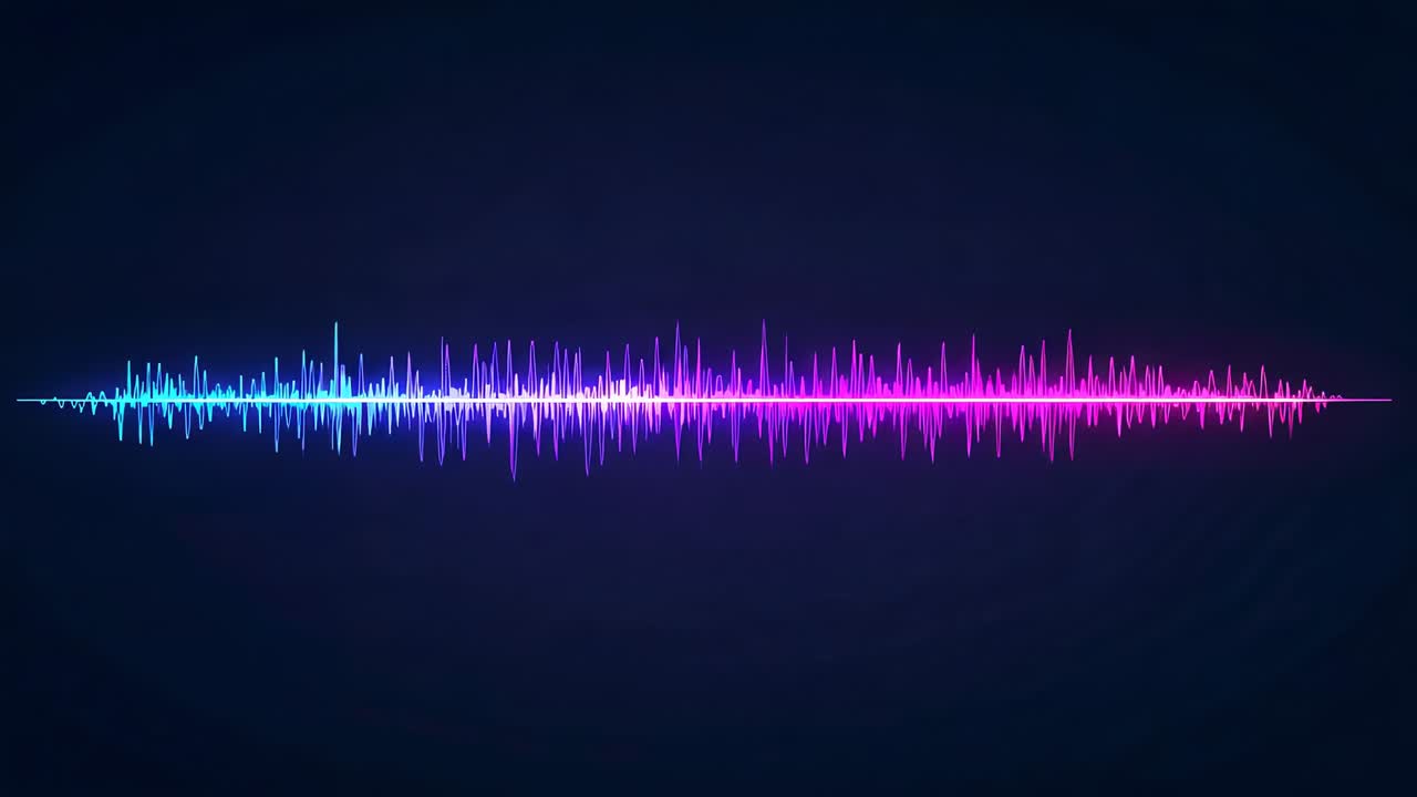 Pulsing audio waveform after cyan burst on navy backdrop, showing decay, color shift at centerline