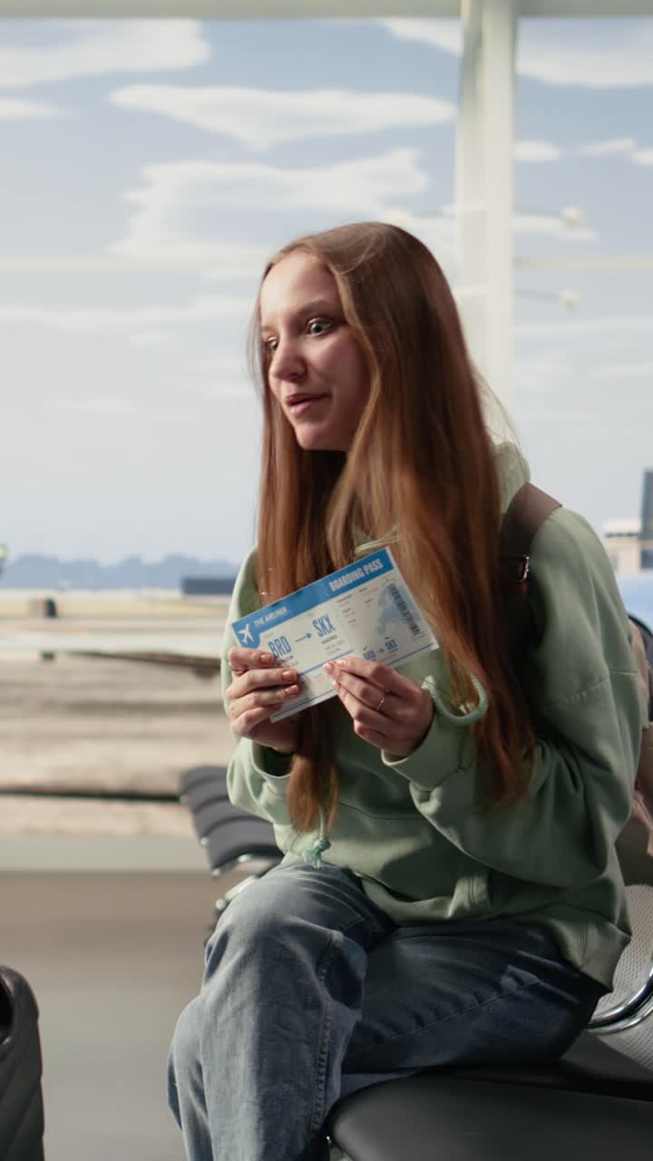 Vertikální video: Žena vloggerka natáčí cestovní vlog na telefon v letištním salonku.