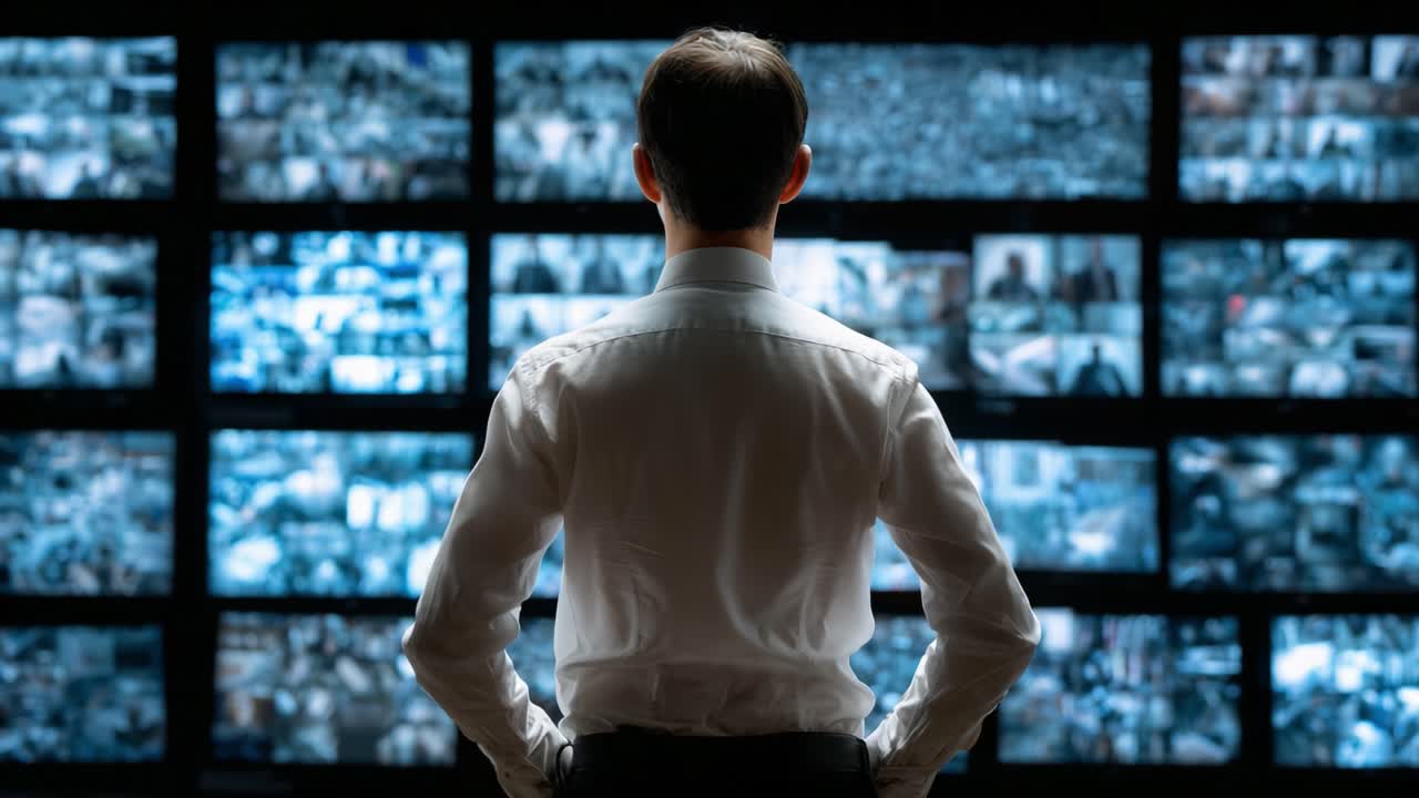 A focused individual evaluates a vast array of digital screens displaying surveillance footage, showcasing the importance of monitoring in security and data analysis