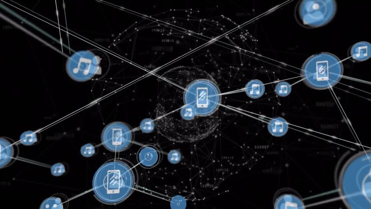 Animation of growing network of media icons transferring data on black background