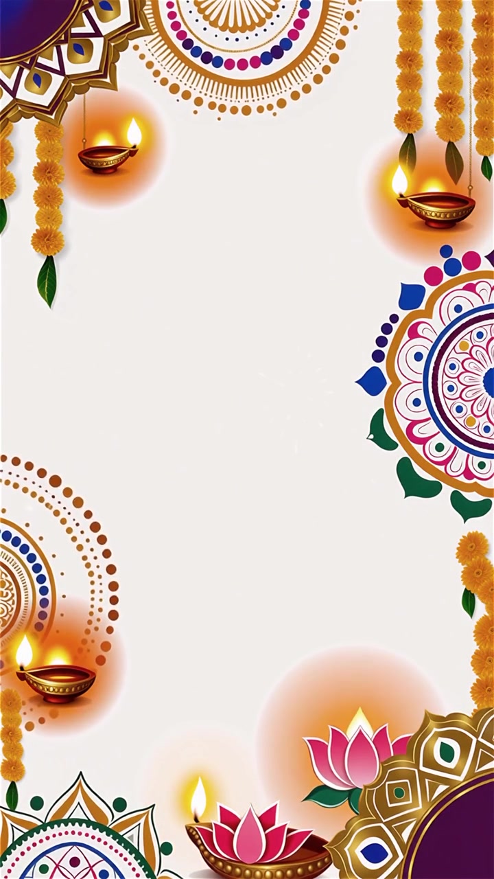 Sfondo Diwali con Diyas luminosi, Rangoli e fiori di loto