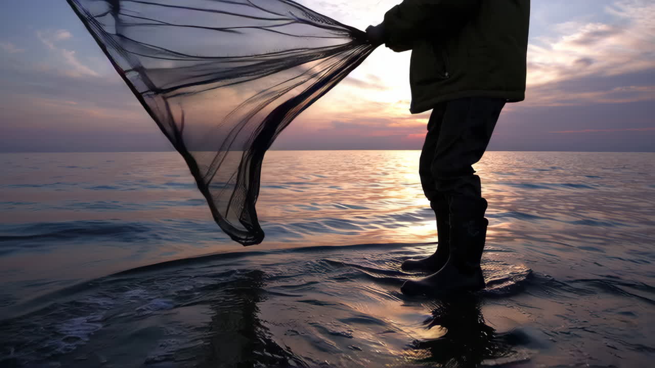 Fisherman with fishing net at sunset