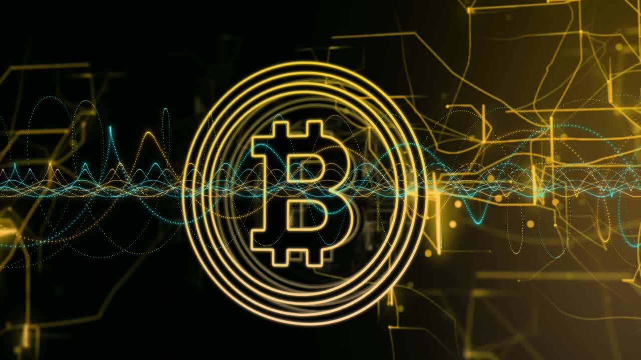 Waveform pulsing, initiating rings drawing inward, revealing Bitcoin coin, visualizing crypto