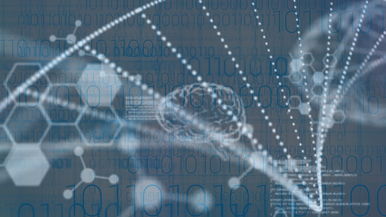 과학 데이터 처리 위에 회전하는 dna 가닥의 애니메이션