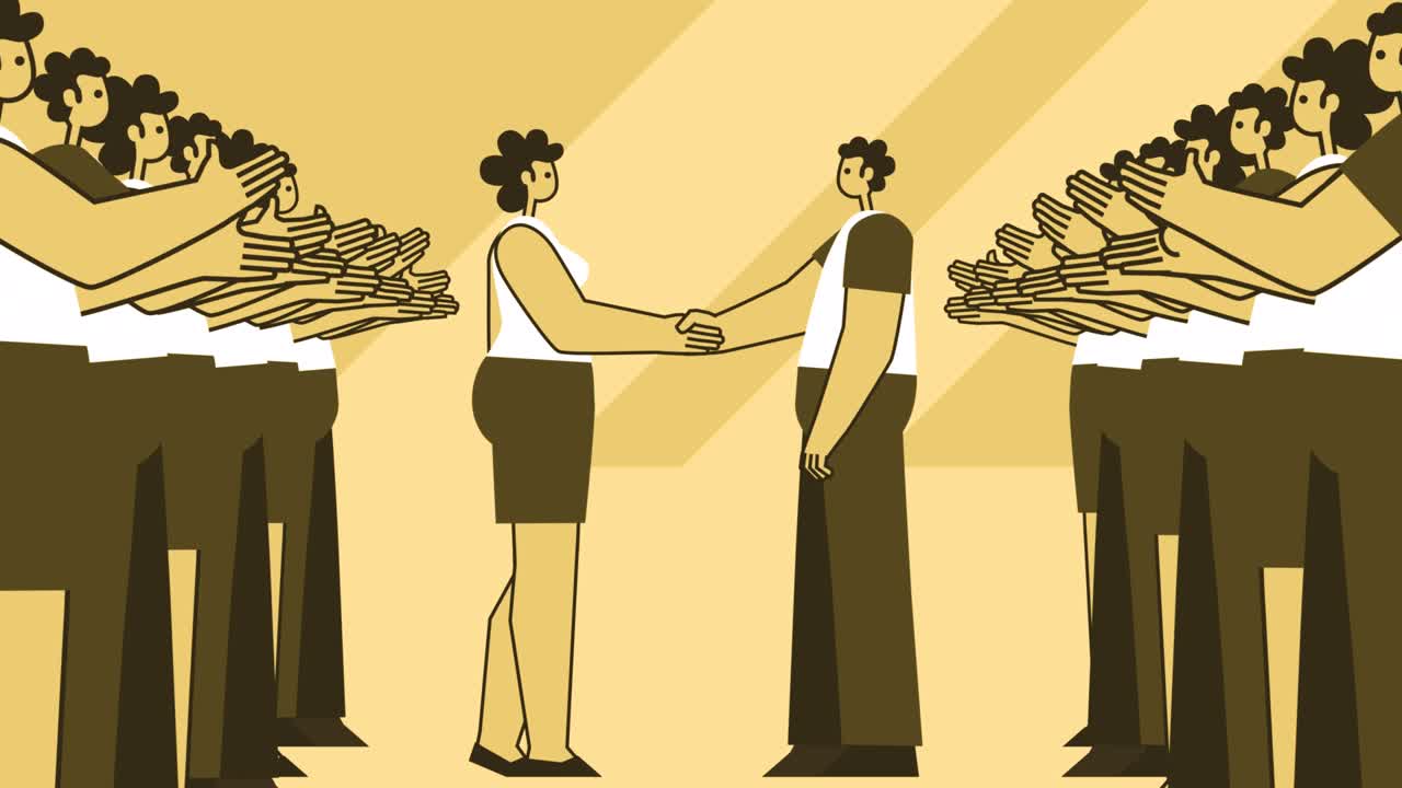 estilo amarillo hombre y mujer personajes planos estrechan la mano. concepto de trabajo en equipo de negocios. animación de bucle aislado con canal alfa
