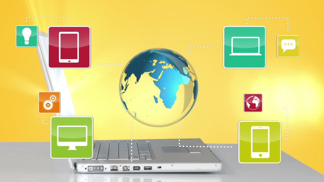 globo giratorio y iconos apareciendo por el portátil