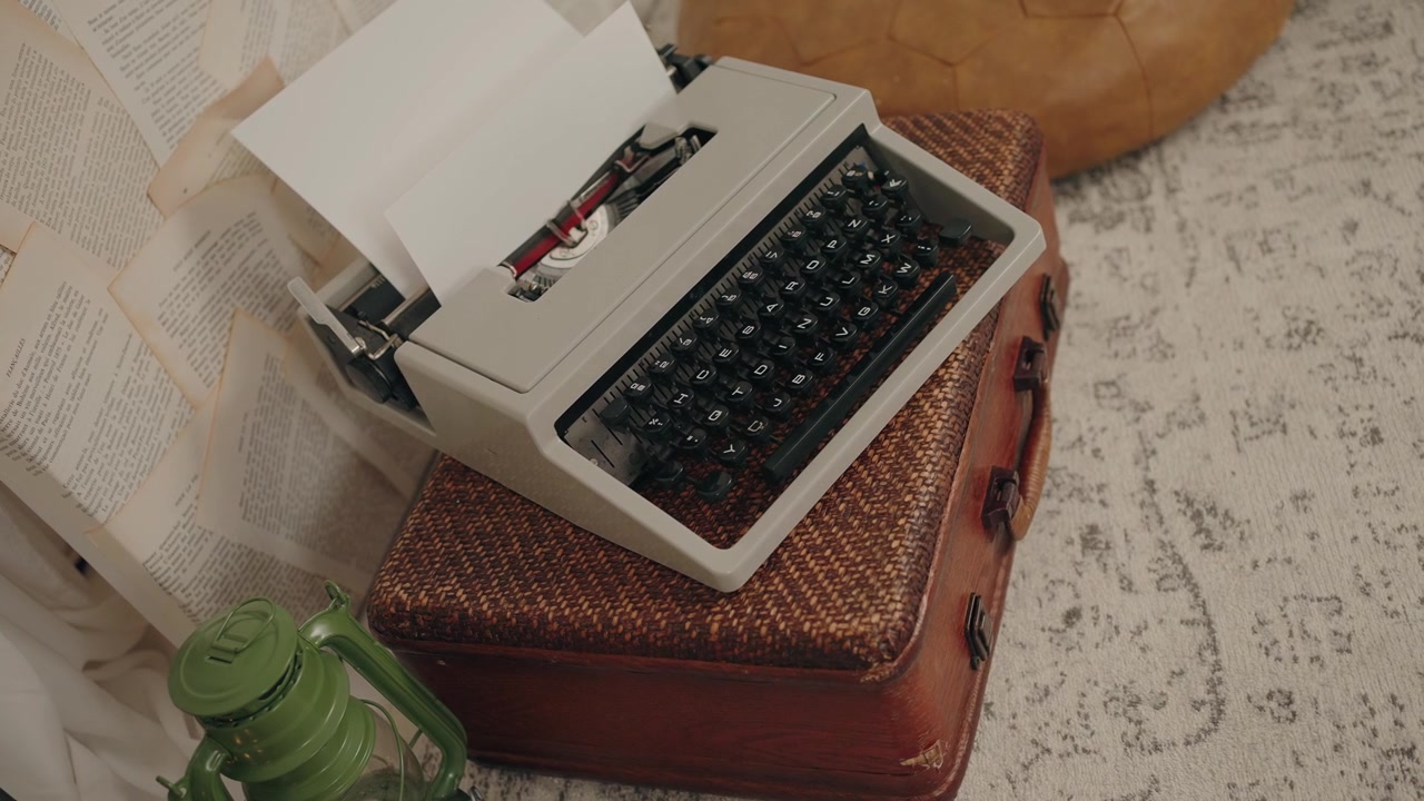 Vintage typewriter on suitcase with scattered pages, creating a nostalgic mood