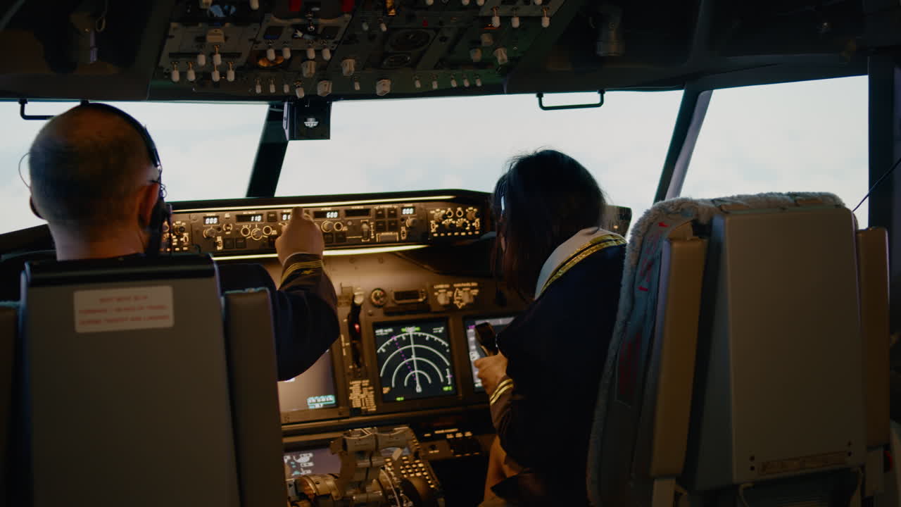 Plane captain and female copilot switching altitude and longitude level