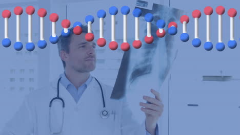 ⁇ 스레이를 들고 있는 백인 남성 의사 위에 있는 dna 가닥의 애니메이션